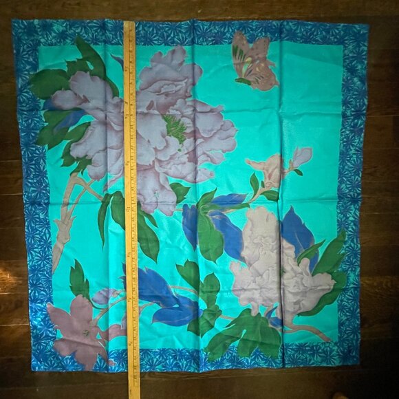 NEW Thai Turquoise Silk Scarf - Floral. 33" x 34.5" - Picture 6 of 6